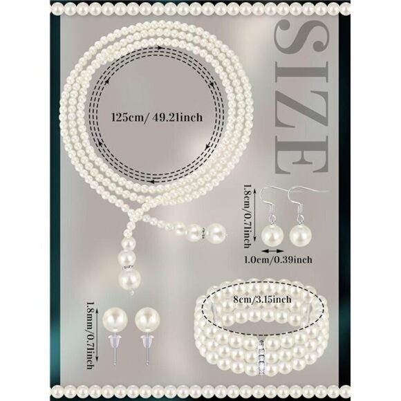 Vintage Pearl Rhinestone Jewelry Set for Women Pearl Necklace Bracelet Earrings - Picture 3 of 6